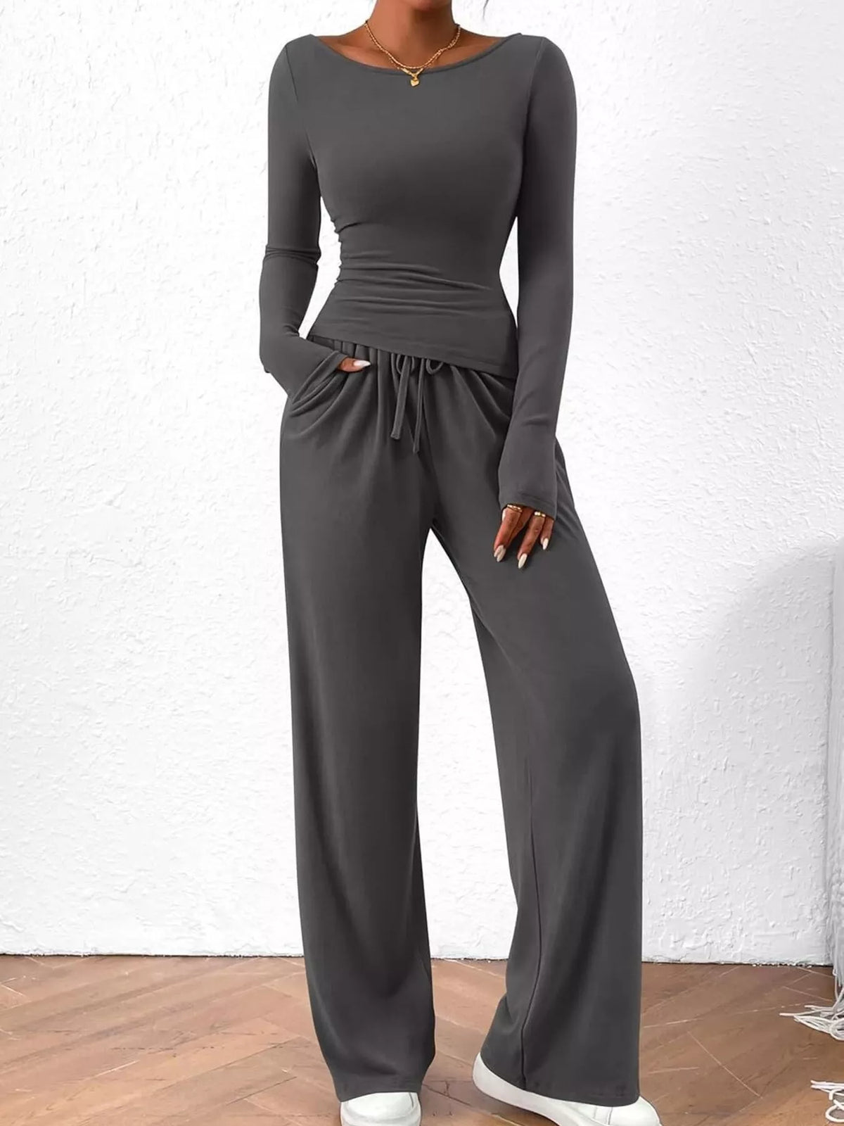 Long Sleeve Top Wide Leg Pants Set (24)
