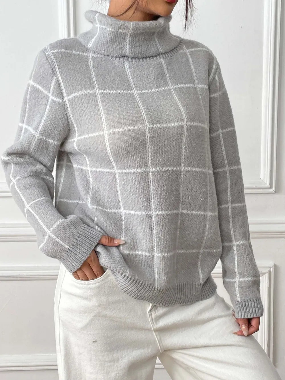 Plaid Turtleneck Long Sleeve Sweater (7)