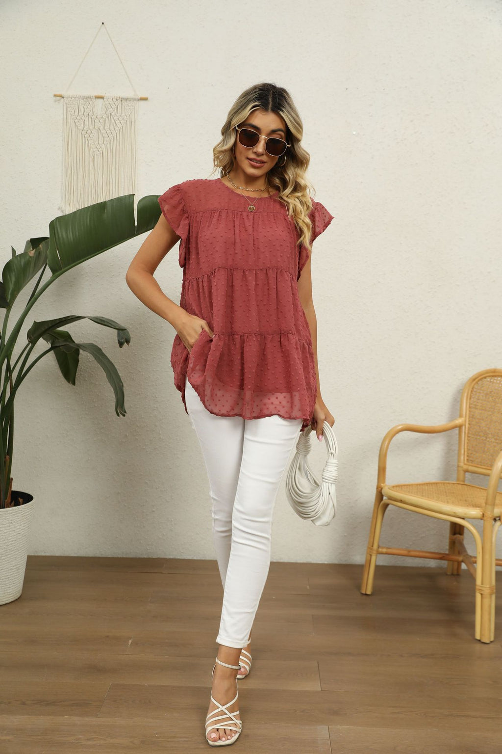 Swiss Dot Round Neck Tiered Blouse (5)