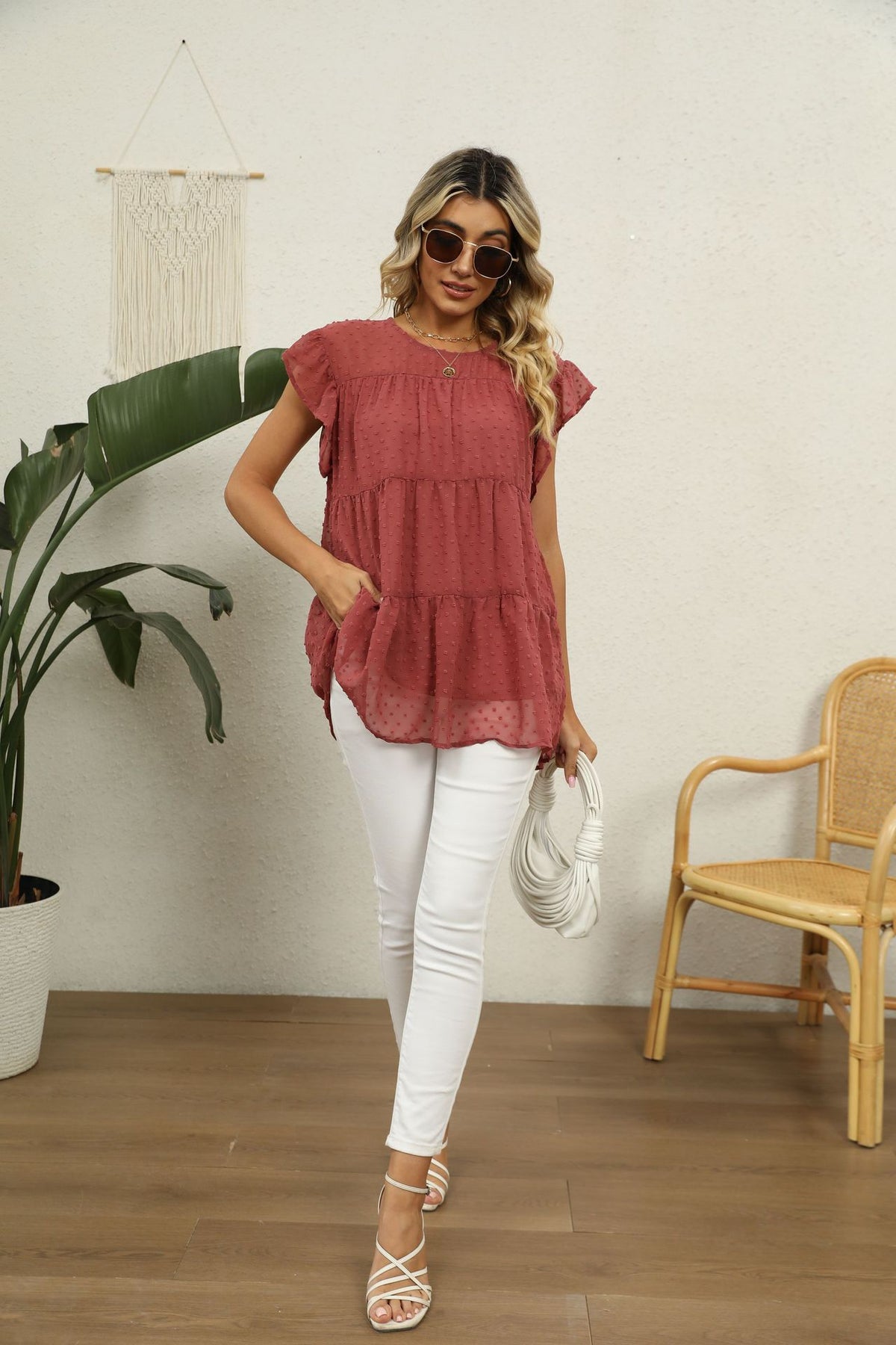 Swiss Dot Round Neck Tiered Blouse (5)