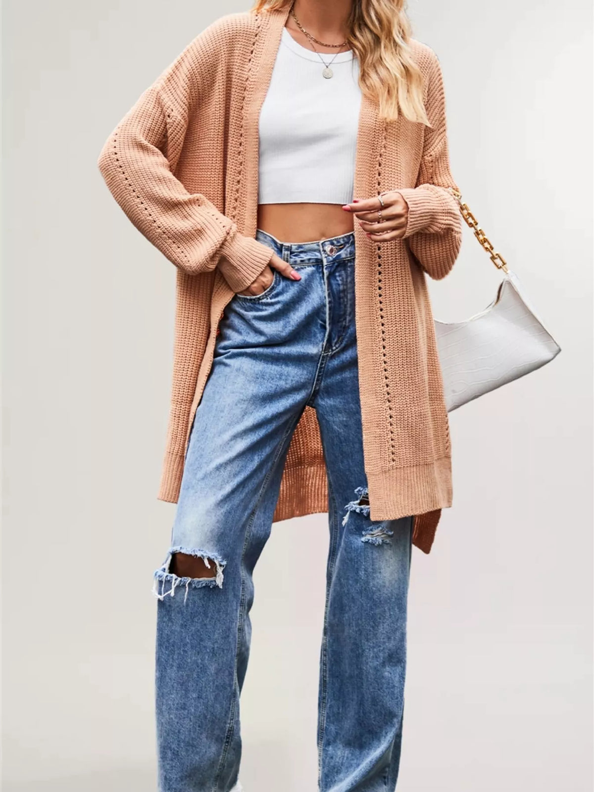 Open Front Openwork Knit Longline Cardigan (9)