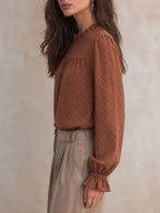 Geometric Print Mock Neck Puff Sleeves Blouse (4)