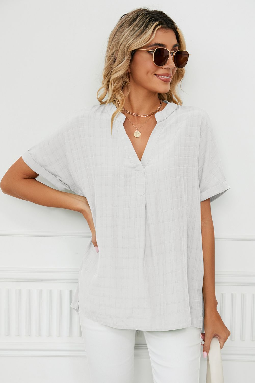 Side Slit Notched Neck Cuffed Short Sleeve Blouse (17)
