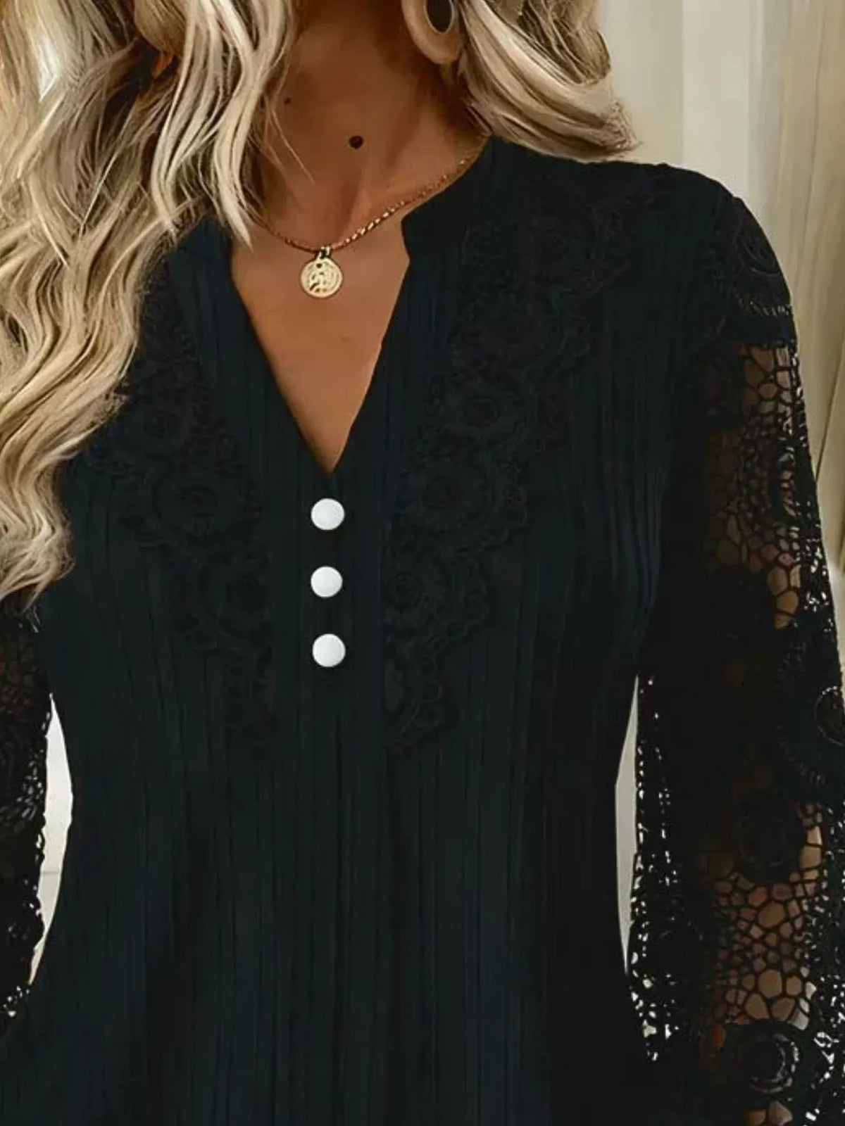 Lace Long Sleeve Notched Blouse (8)