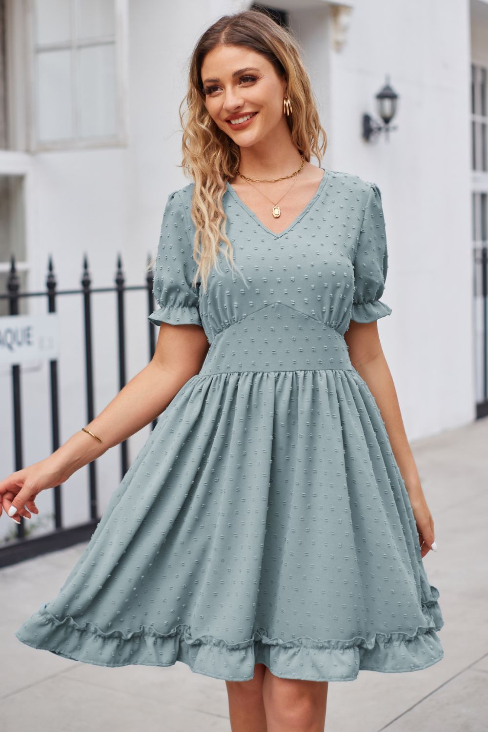 Swiss Dot Frill Trim Flounce Sleeve V-neck Dress (3)
