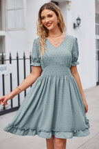 Swiss Dot Frill Trim Flounce Sleeve V-neck Dress (3)