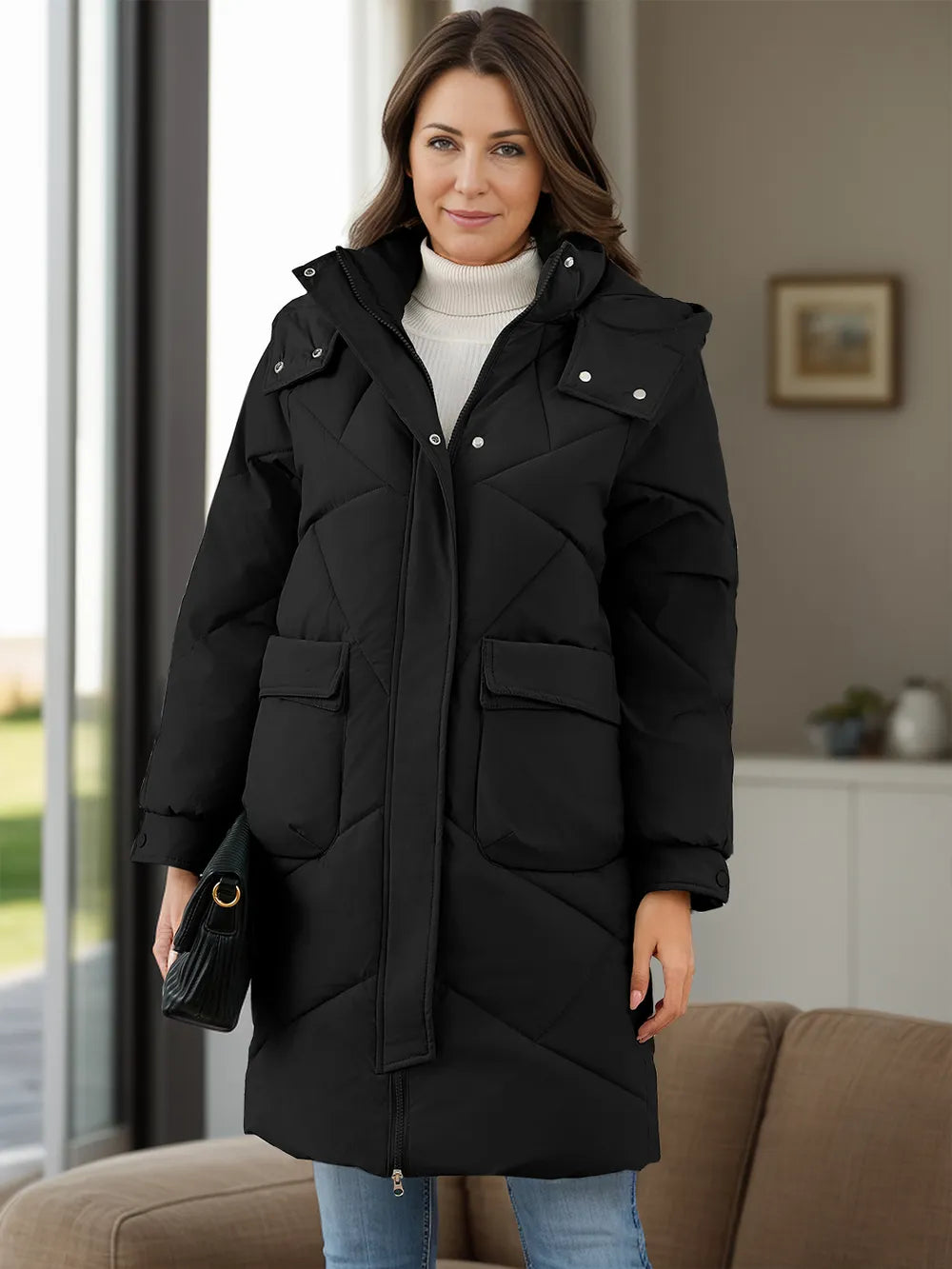 Long Sleeve Longline Hooded Winter Coat Pockets (2)