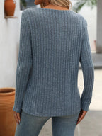 Ribbed Knit Long Sleeve Button Detail T-shirt (5)