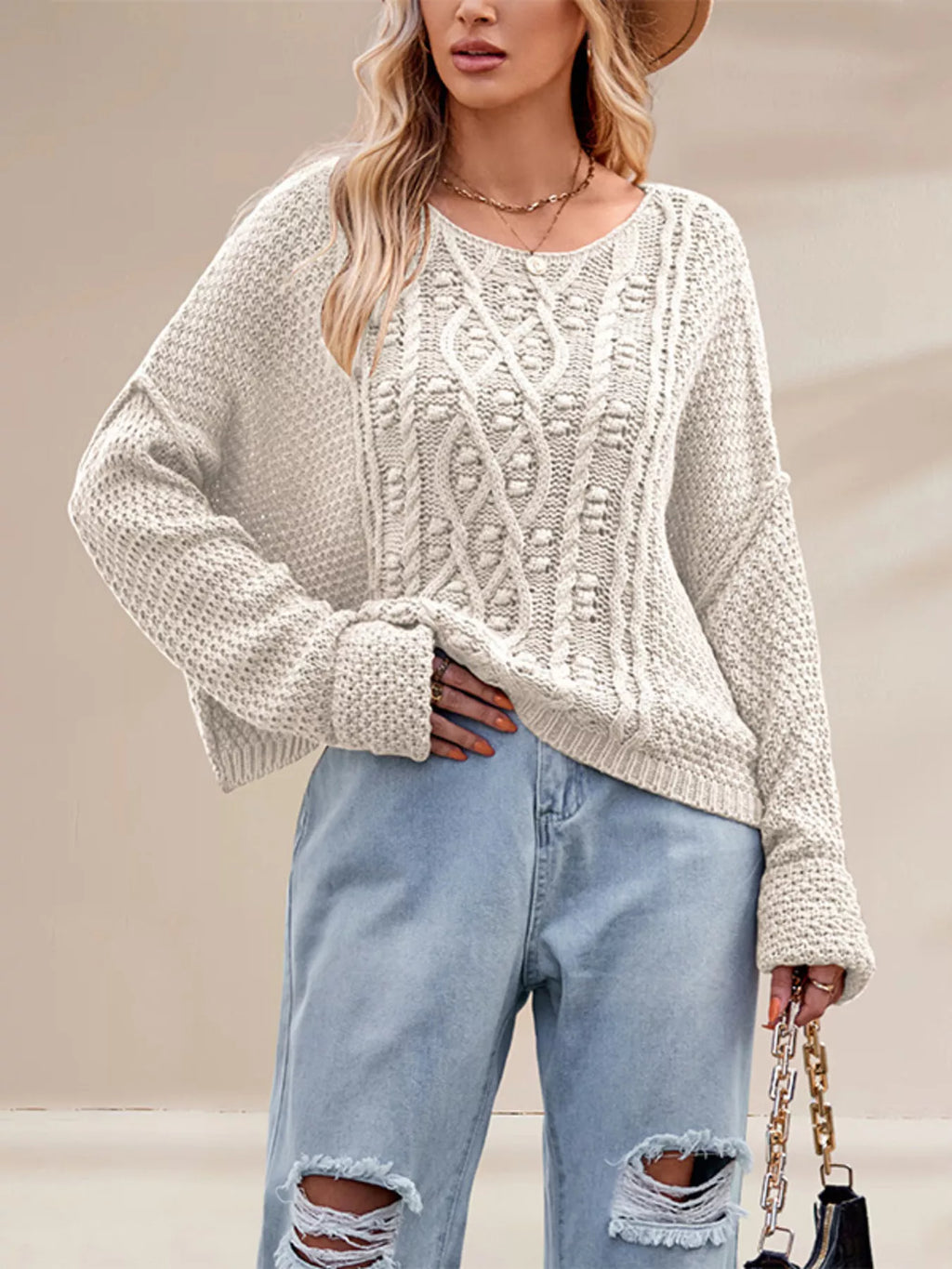 Cable Knit Dropped Shoulder Sweater (11)