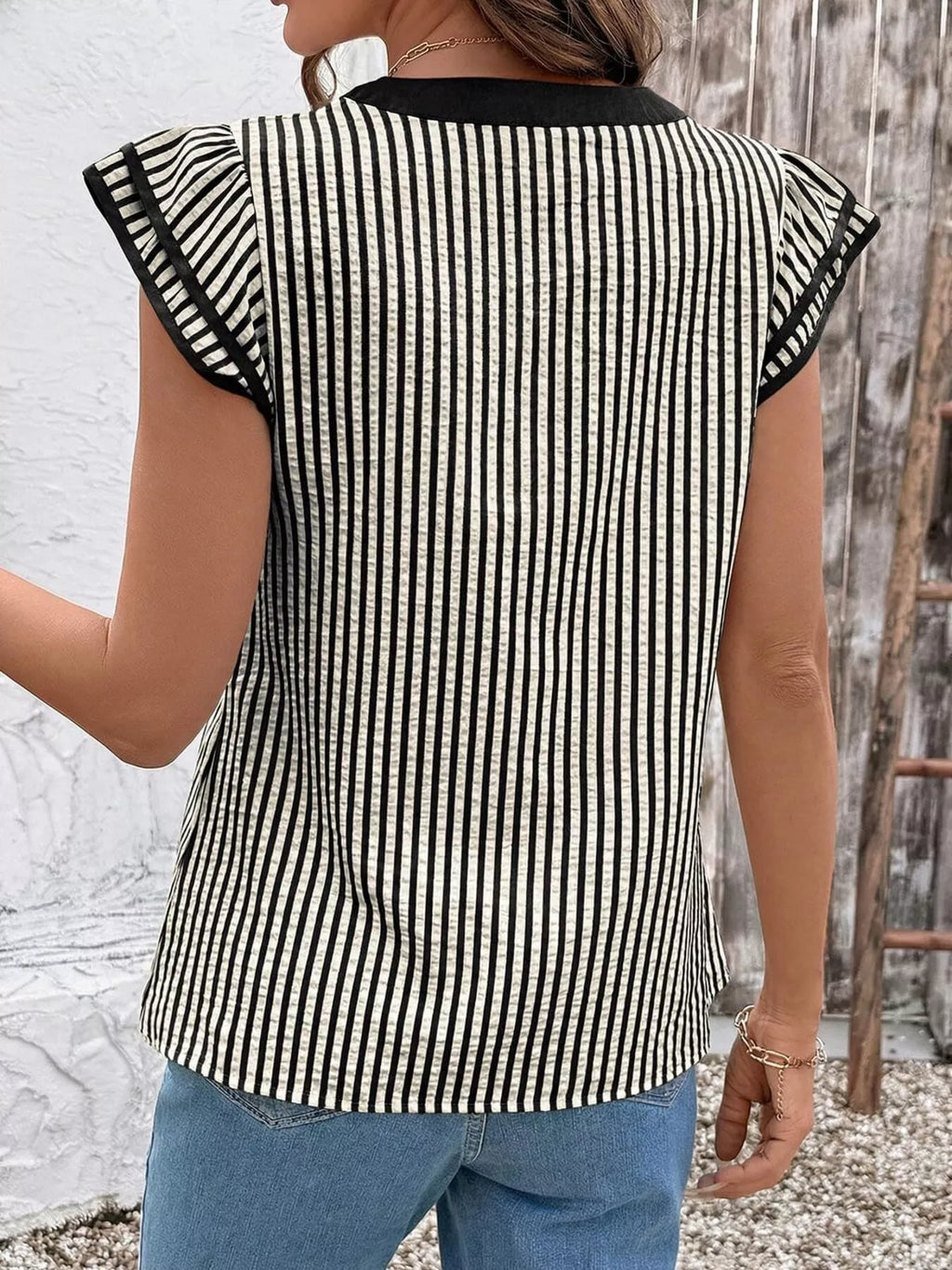 Striped Ruffle Sleeve Blouse (3)