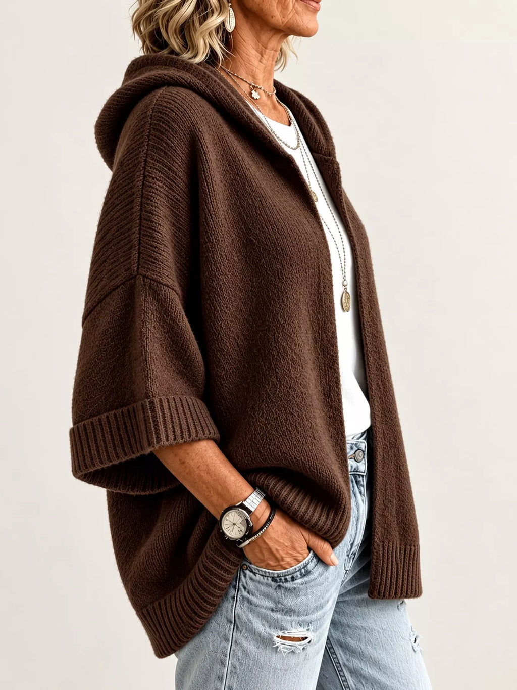Full Size Hooded Open-front Knit Cardigan Plus (21)