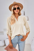 V-neck Roll-tap Sleeve Blouse