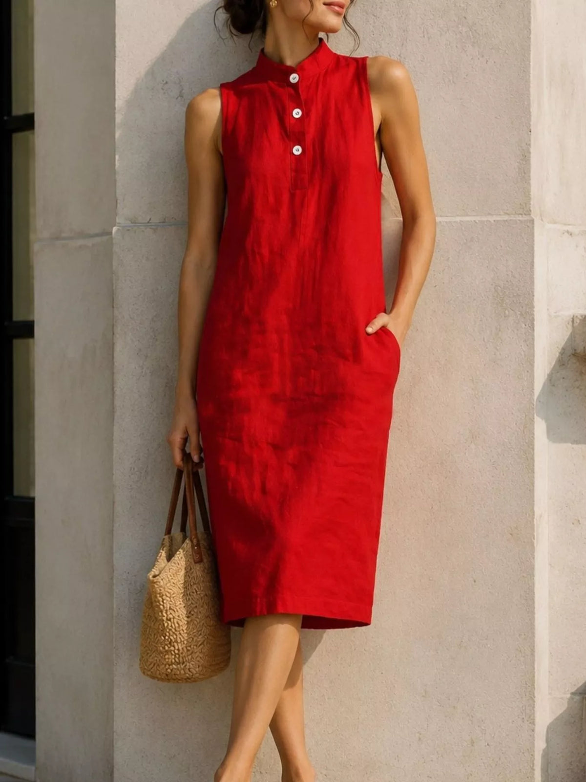 Button Detail Sleeveless Midi Dress (2)