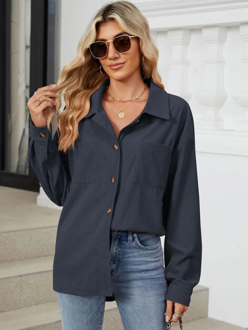 Button Up Dropped Shoulder Long Sleeve Outerwear (27)