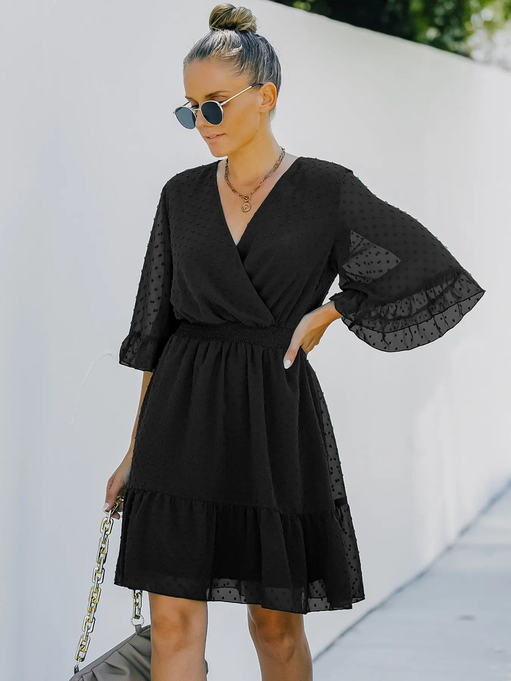 Swiss Dot Flare Sleeve Wrap Mini Dress (12)