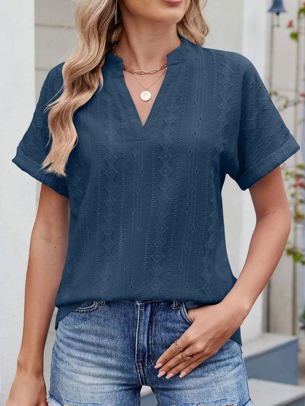 Eyelet Notched Short Sleeve Top (28)