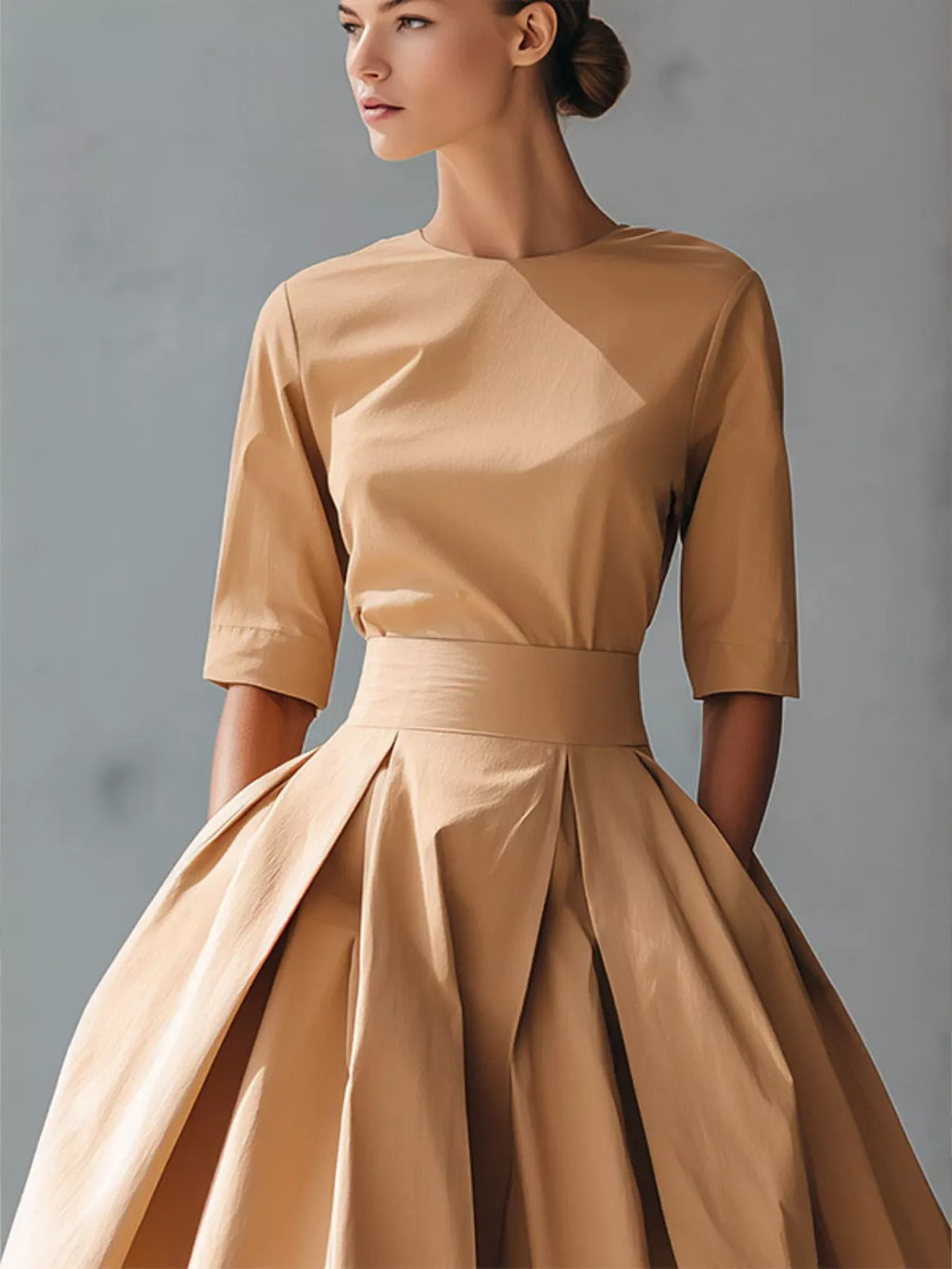 Round Neck A-line Midi Dress (3)