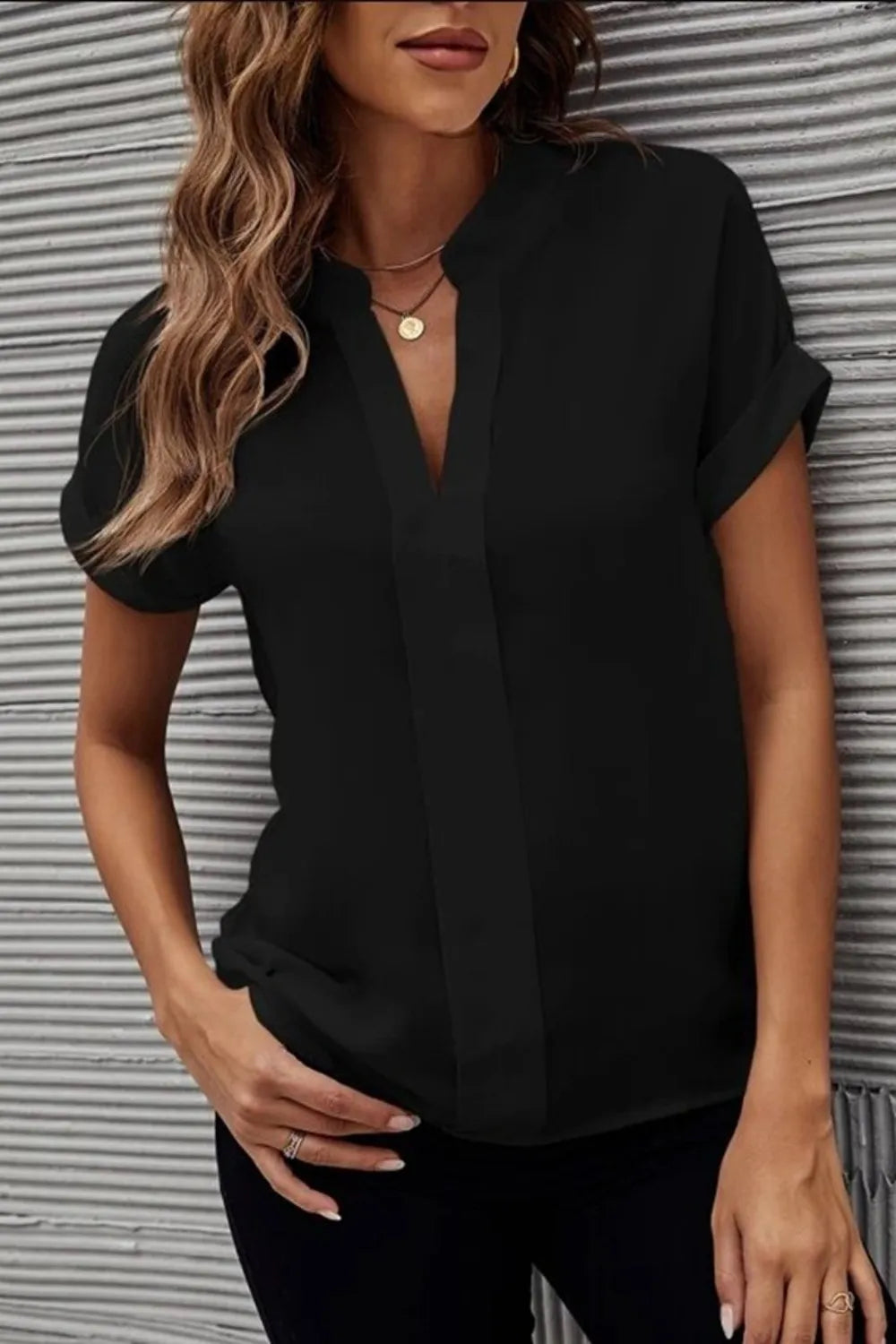 Full Size Notched Short Sleeve Blouse (16)