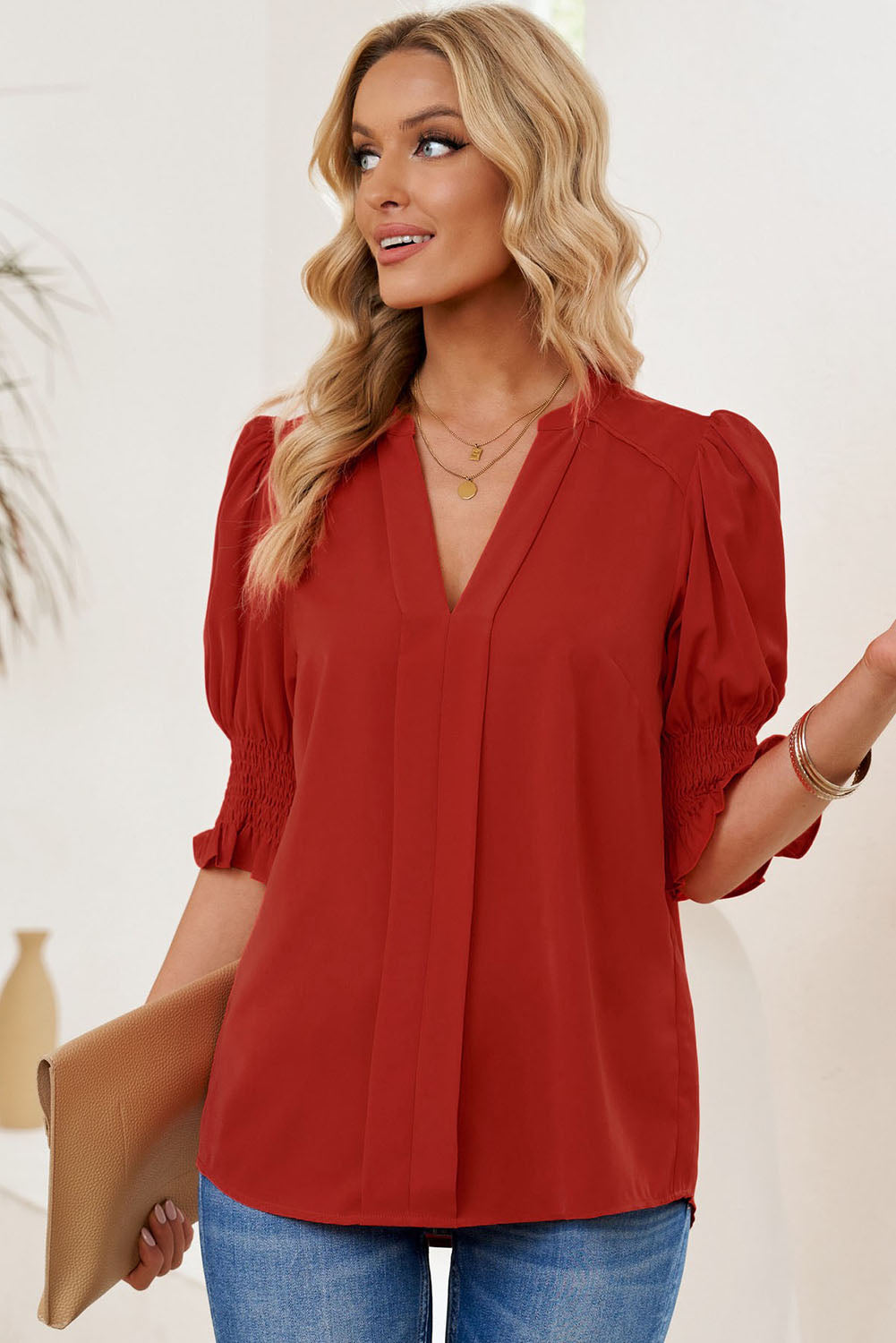 Smocked Flounce Sleeve Notched Neck Blouse (12)