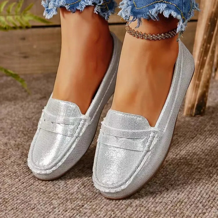 Pu Leather Round Toe Flat Slip-ons