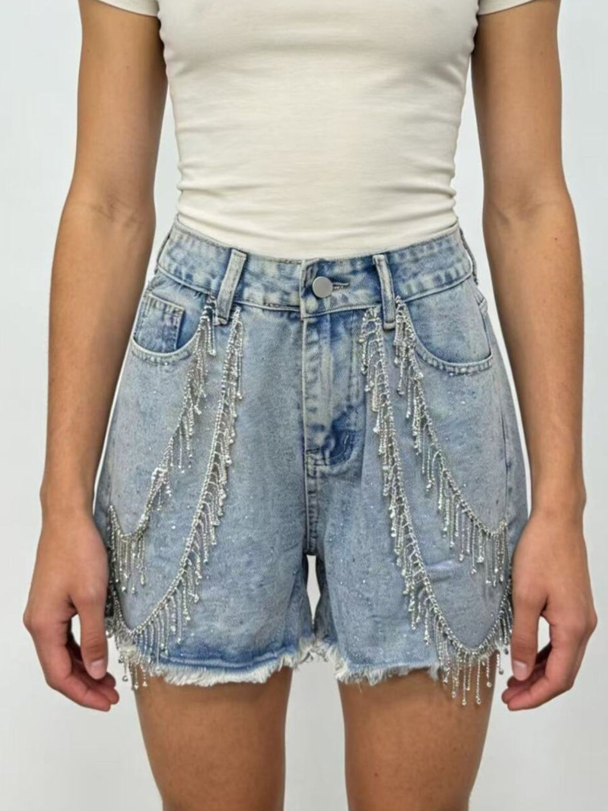 Rhinestone Chain Raw Hem Denim Shorts