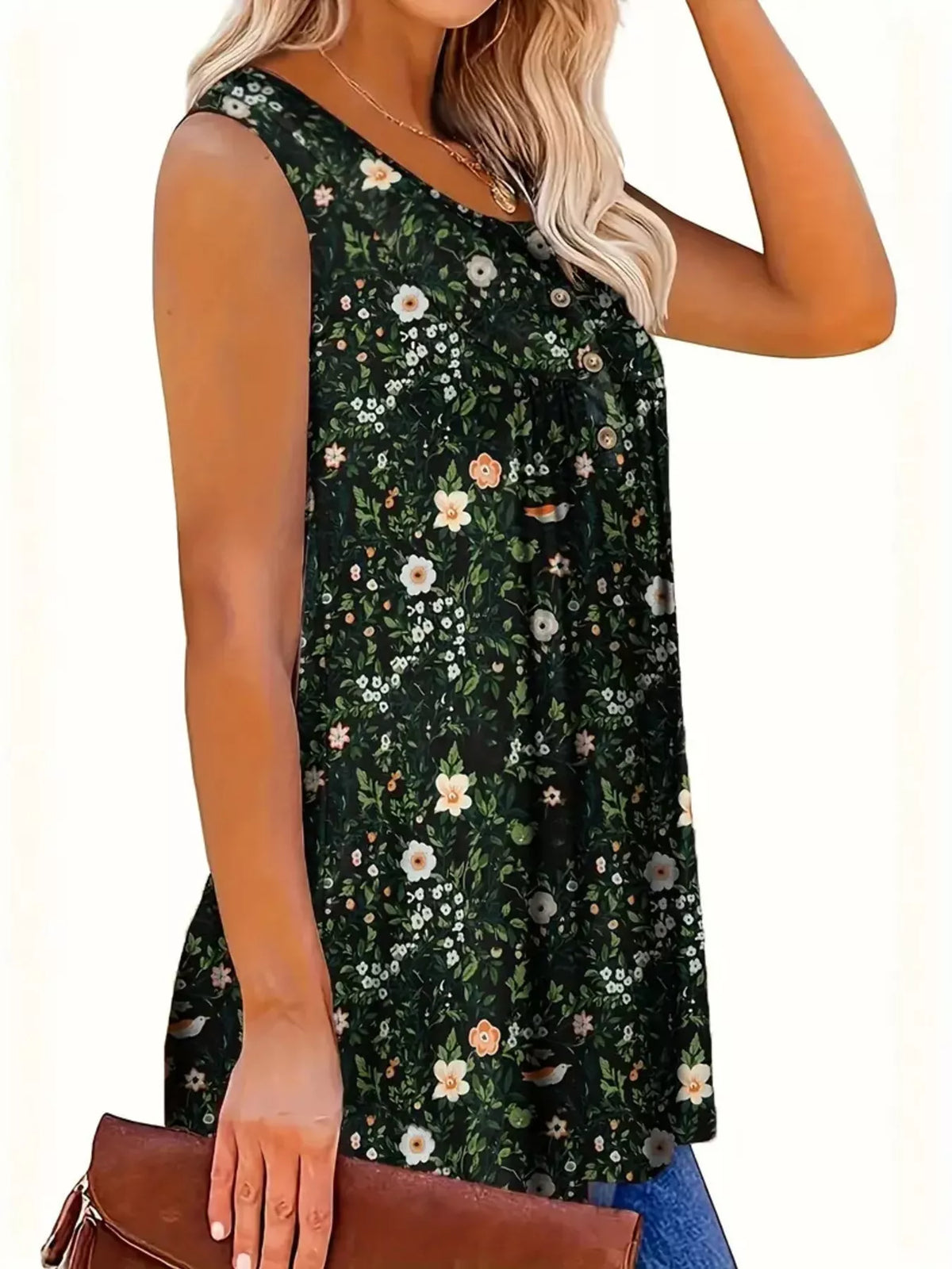 Full Size Floral Print Button Detail Tank Plus (4)