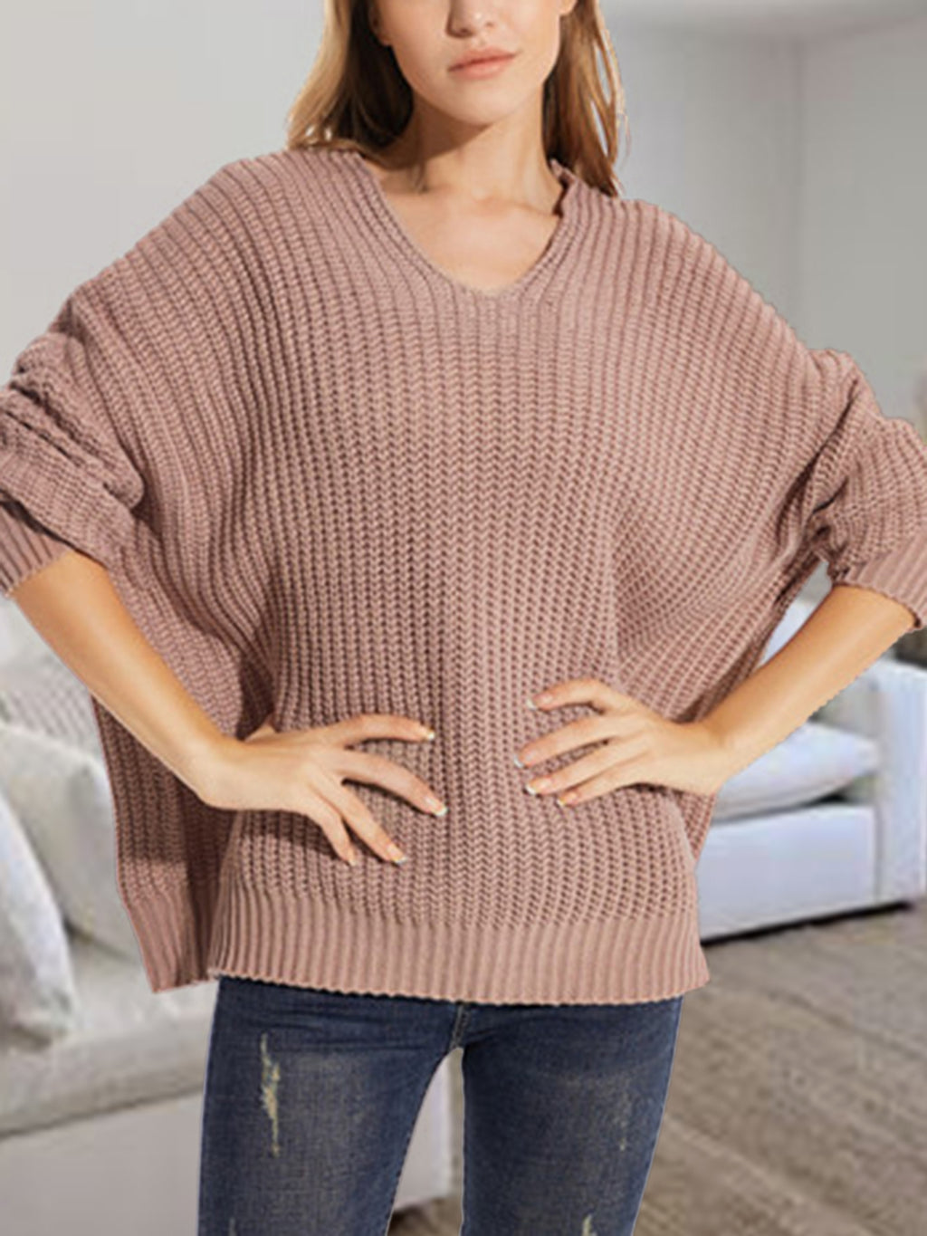 V-neck Batwing Dropped Shoulder Sweater (3)