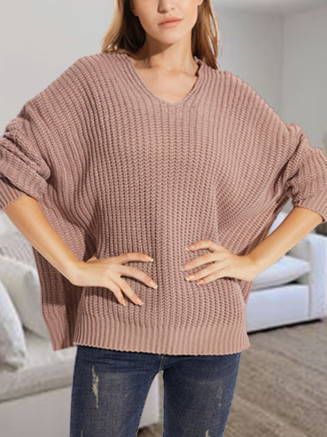 V-neck Batwing Dropped Shoulder Sweater (3)