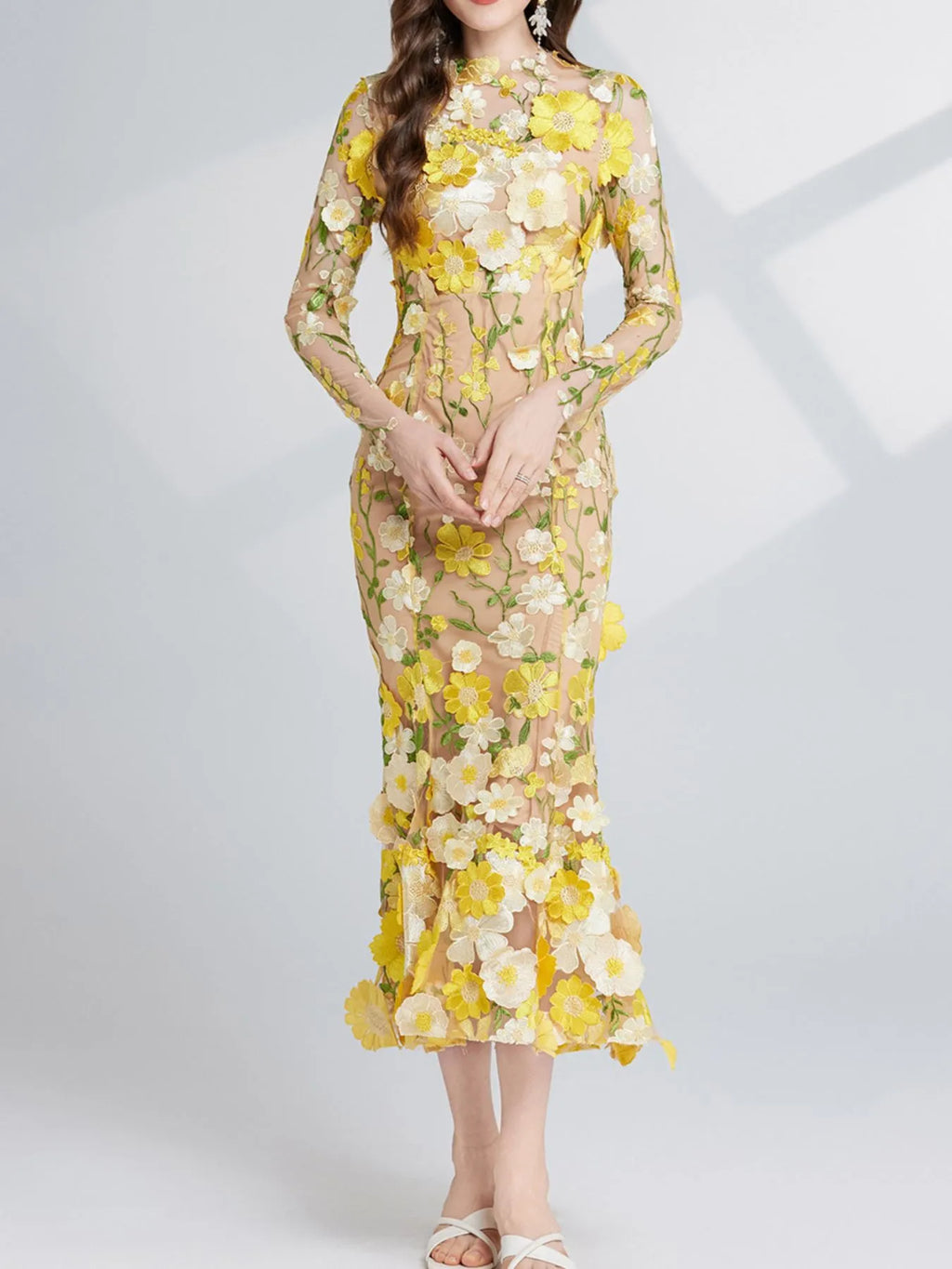 Floral Embroidered Mesh Long Sleeve Midi Dress (21)