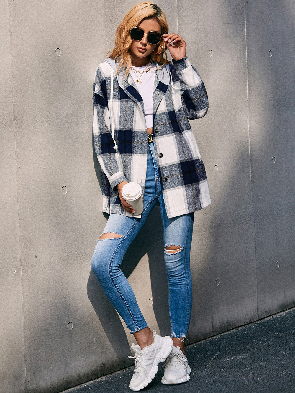 Plaid Dropped Shoulder Hooded Jacket (5)