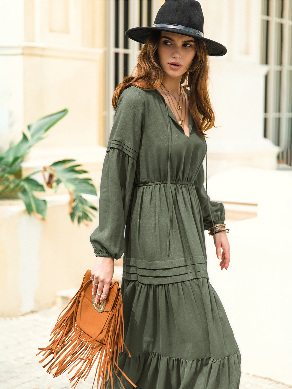 Tie Neck Long Sleeve Midi Tiered Dress (23)