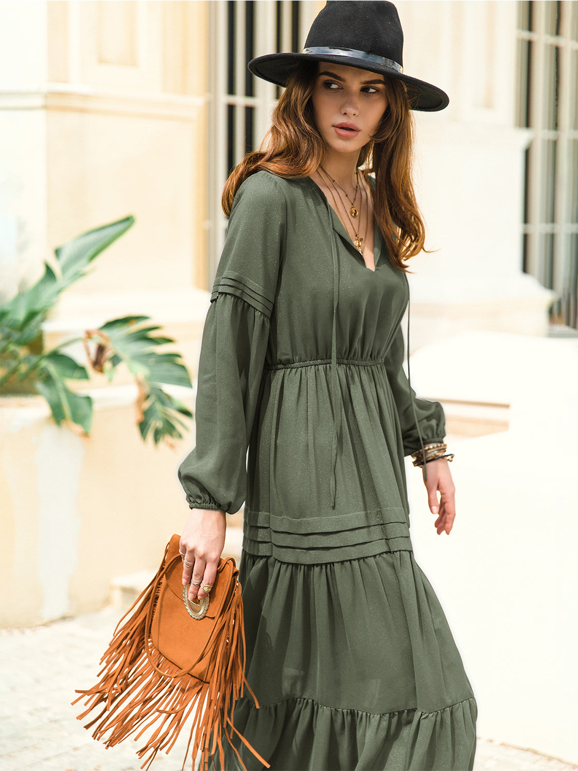 Tie Neck Long Sleeve Midi Tiered Dress (23)