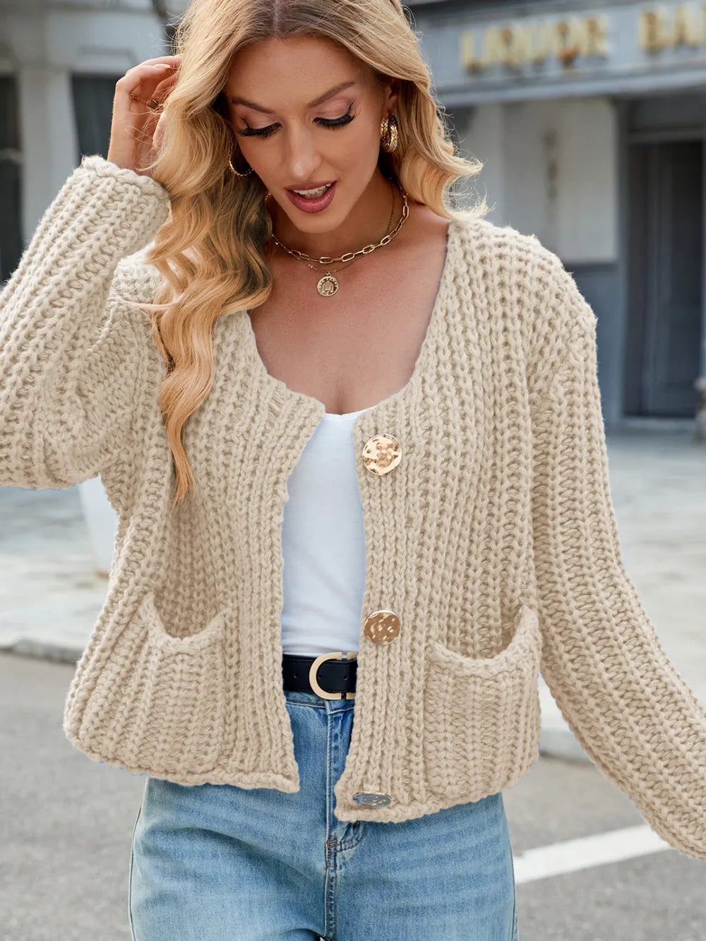 Round Neck Button Up Cardigan Pockets (28)