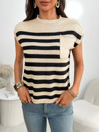 Striped Mock Neck Cap Sleeve Knit Top (20)