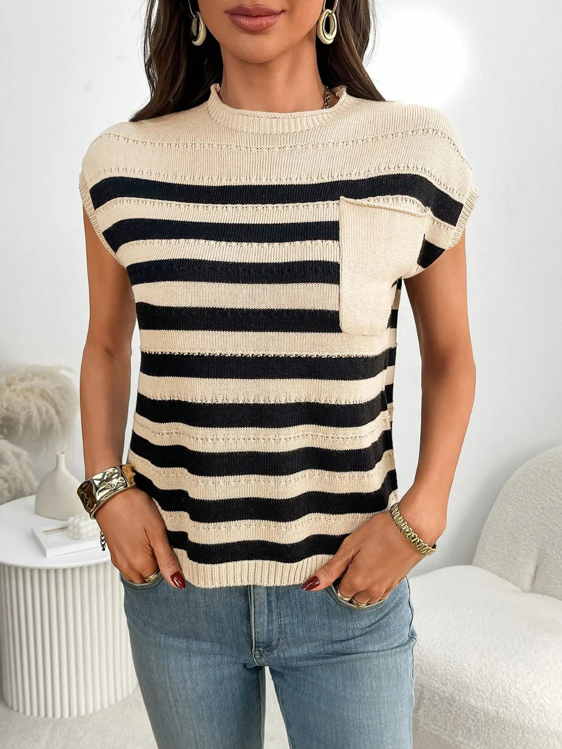 Striped Mock Neck Cap Sleeve Knit Top (20)