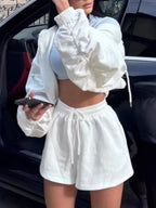 Zip-up Jacket High-waisted Drawstring Shorts Set