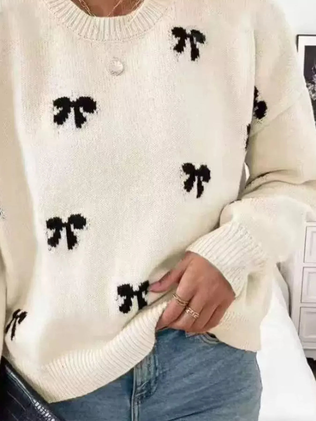 Bow Round Neck Dropped Shoulder Sweater (3)