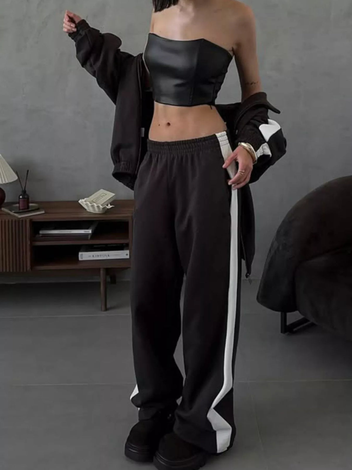 Contrast Side Stripe Zip Up Top Pants Set (3)