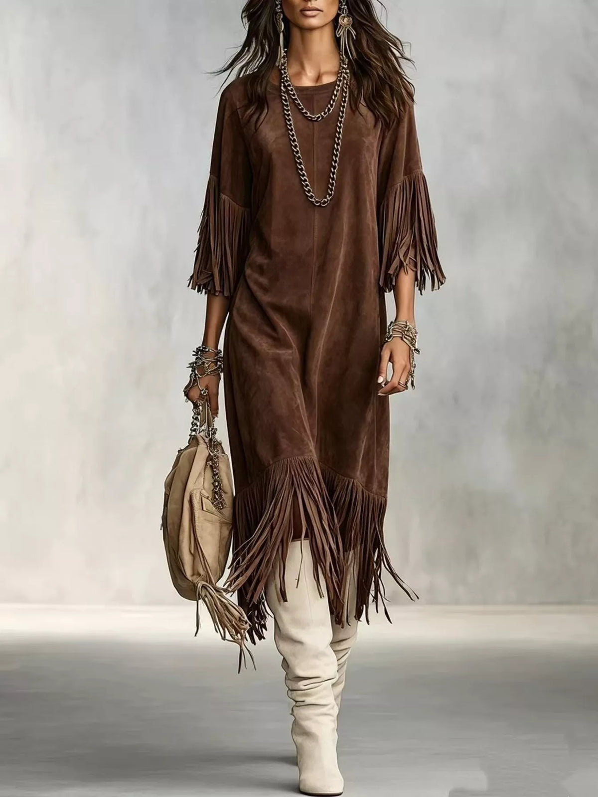 Fringed Round Neck Midi Dress (5)