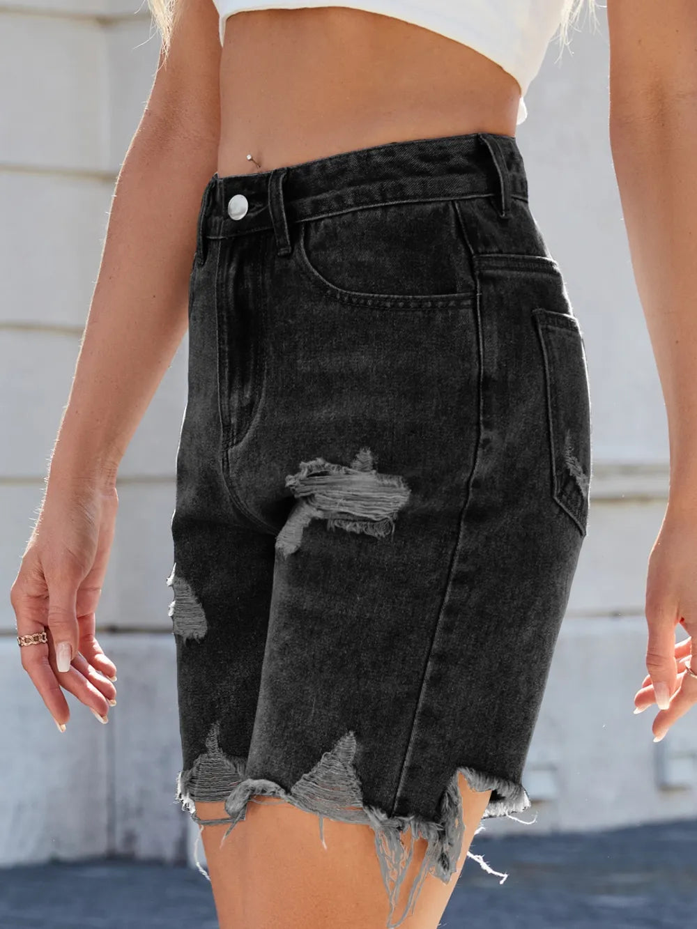 Distressed Raw Hem Denim Shorts (9)