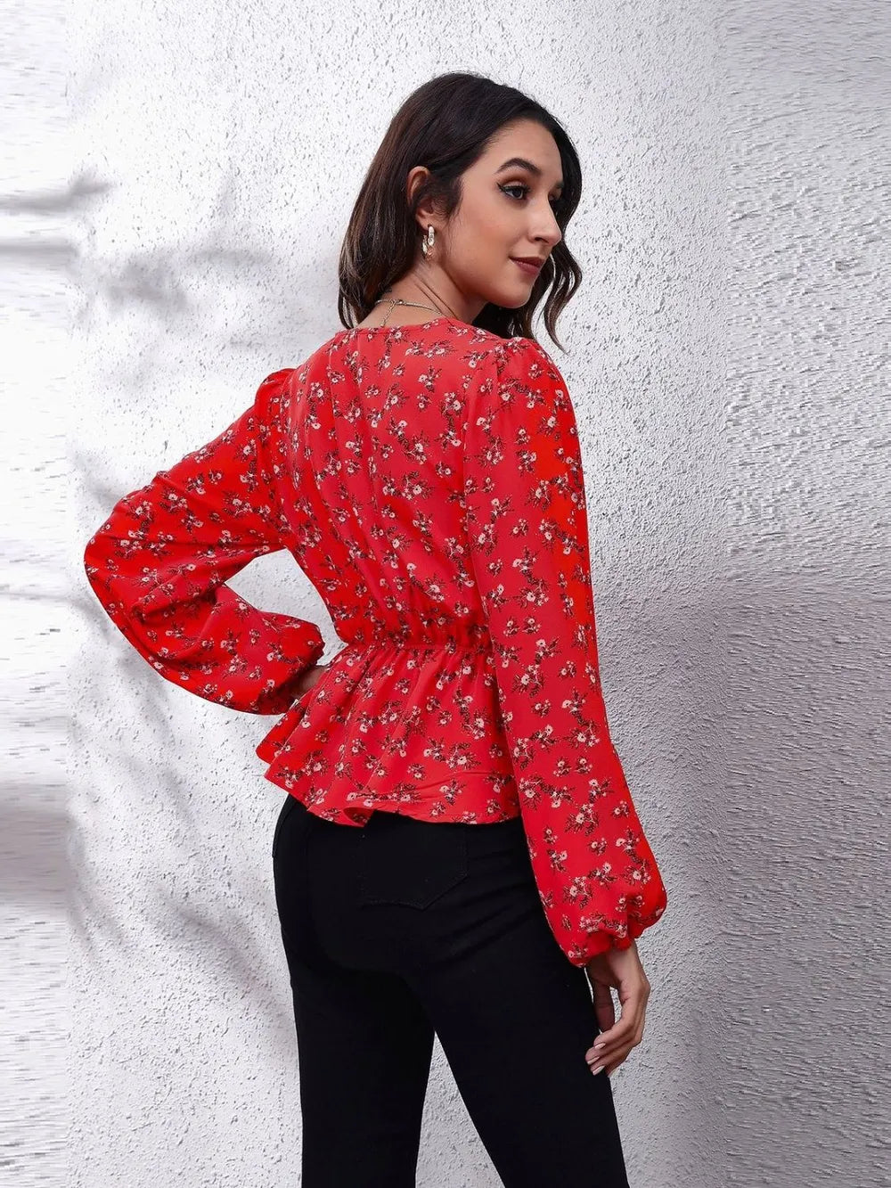 Ruched Printed V-neck Long Sleeve Blouse (33)