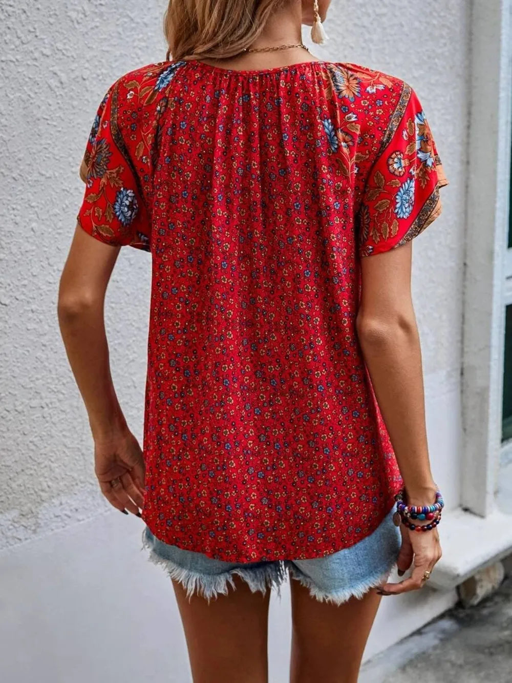 Printed Tie Neck Short Sleeve Blouse (13)