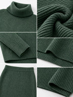 Ribbed Turtleneck Sweater Set Matching Midi Skirt (15)