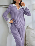 Ribbed Knit Polo Collar Top Pants Lounge Set (6)