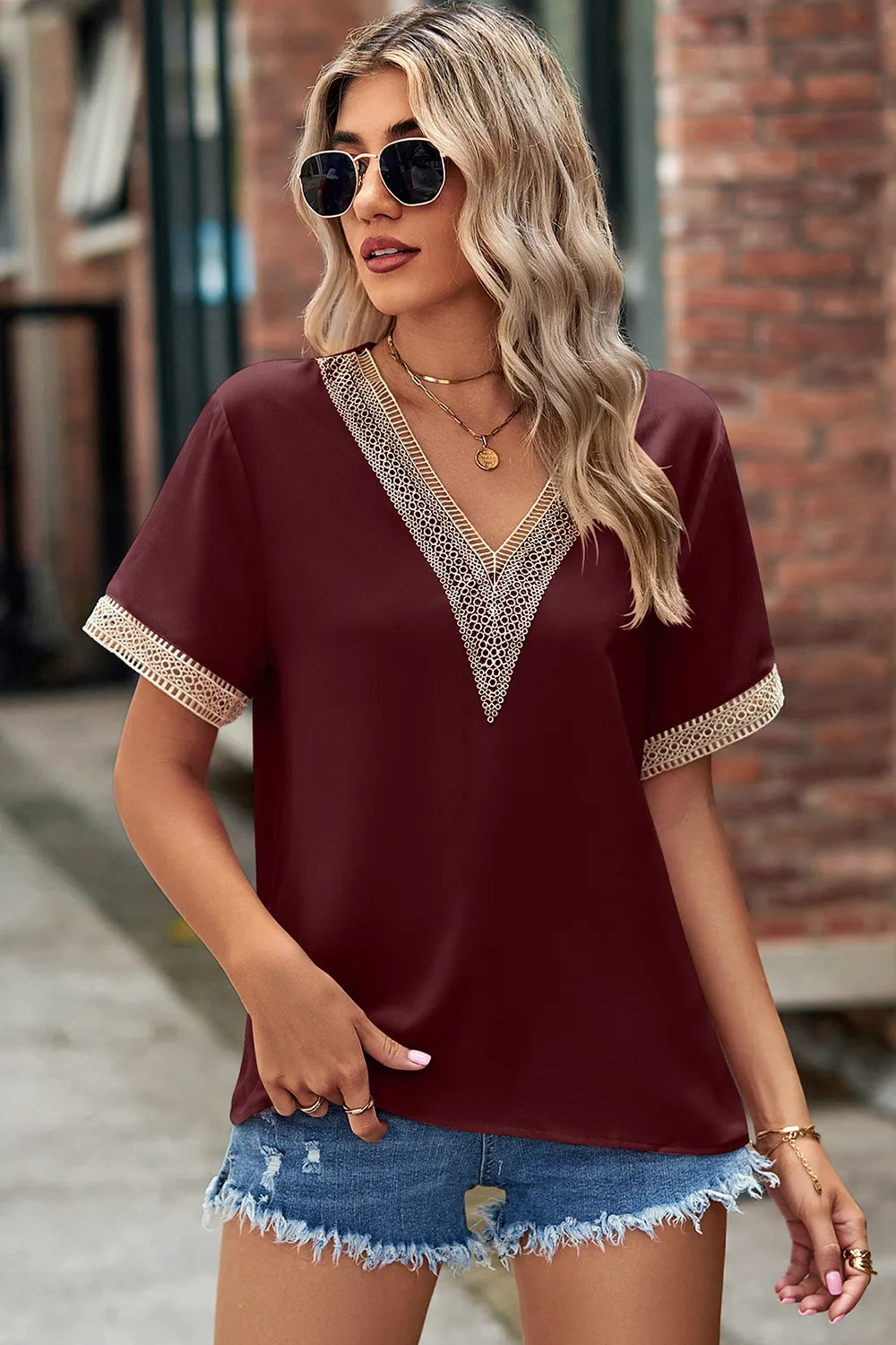 Openwork V-neck Short Sleeve T-shirt (3)