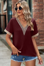 Openwork V-neck Short Sleeve T-shirt (3)