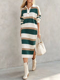 Striped Polo Collar Long Sleeve Sweater Dress