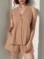 Full Size Button Up Top Shorts Set