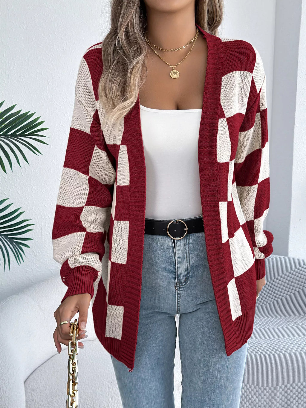Checkered Pattern Open Front Cardigan (4)