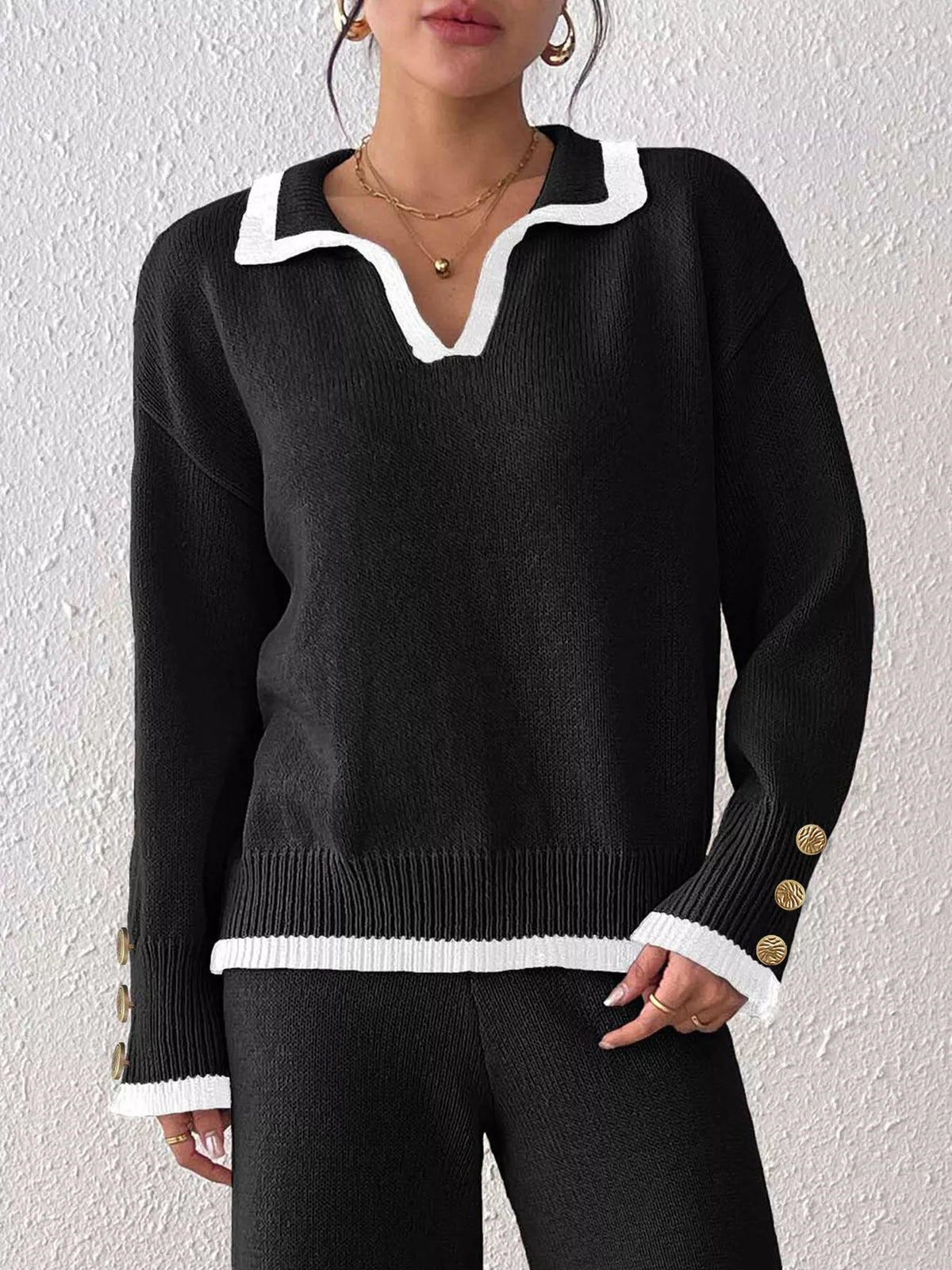 Contrast Trim Polo Collar Sweater (7)